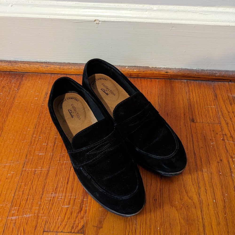 Clarks black suede penny loafers